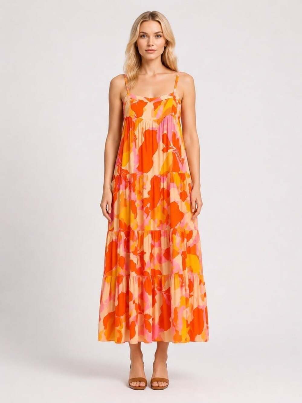 Abel The Label Tiered Maxi Dress sleeveless sz small citrus orange Yellow print